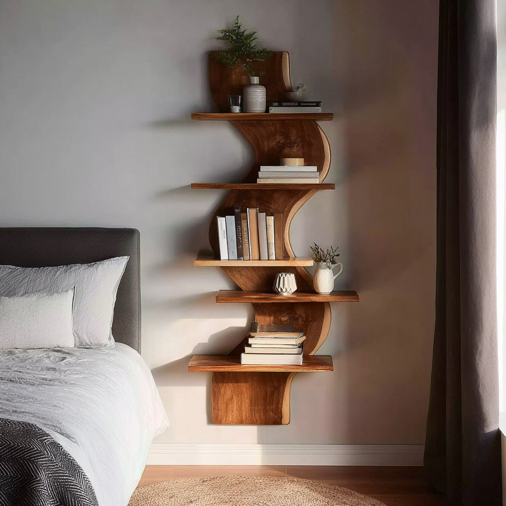 Live Edge Wandregal schwebend – Modernes Holzregal fürs Schlafzimmer