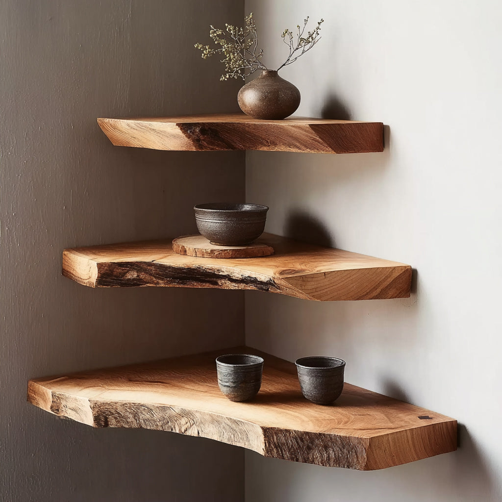 Handgefertigte Live-Edge-Eckregale – Rustikale Massivholz-Wandregale, schwebend