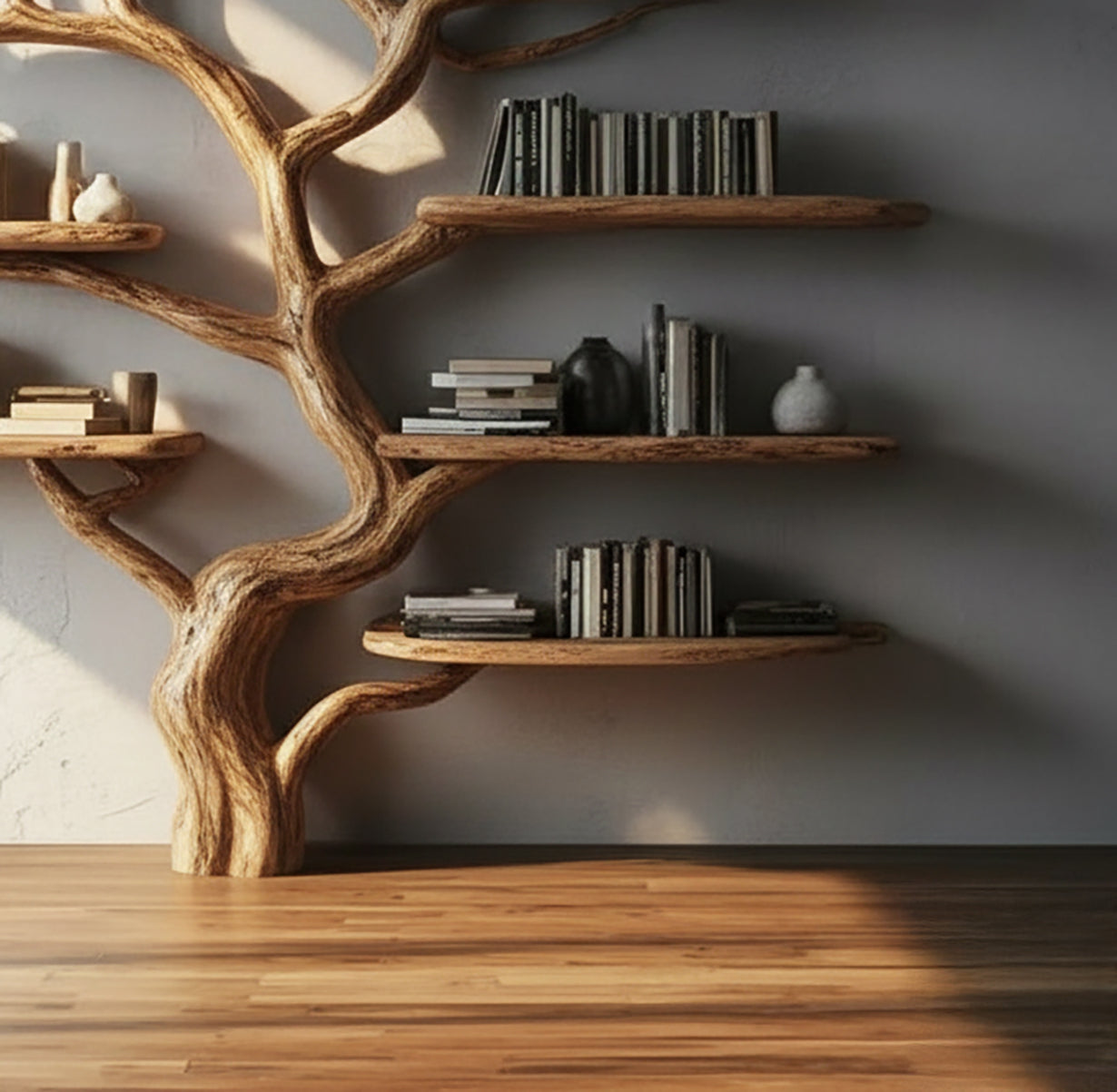 Unique wooden tree branch bookshelf with books and decorative vases on modern wall
