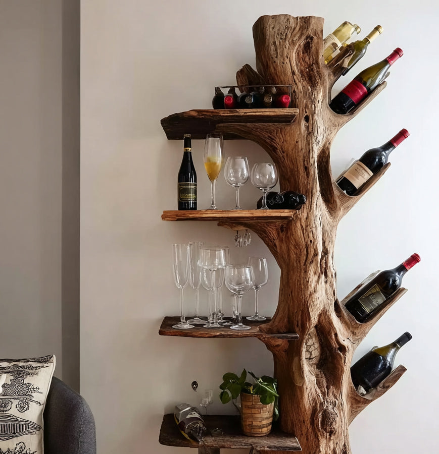 Baumstamm-Weinregal – handgefertigt aus Massivholz mit Glashalter