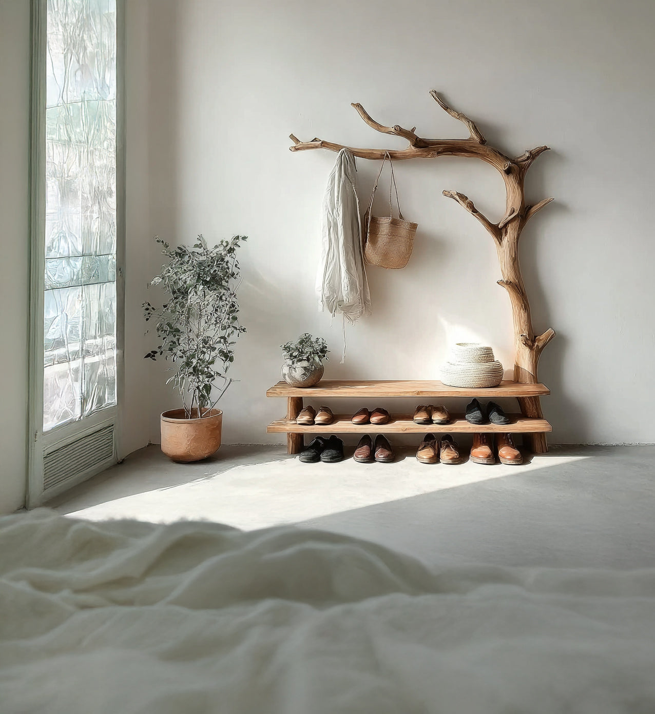 Treibholz-Baum-Garderobe – Stehender Massivholz-Kleiderständer mit Ablagen