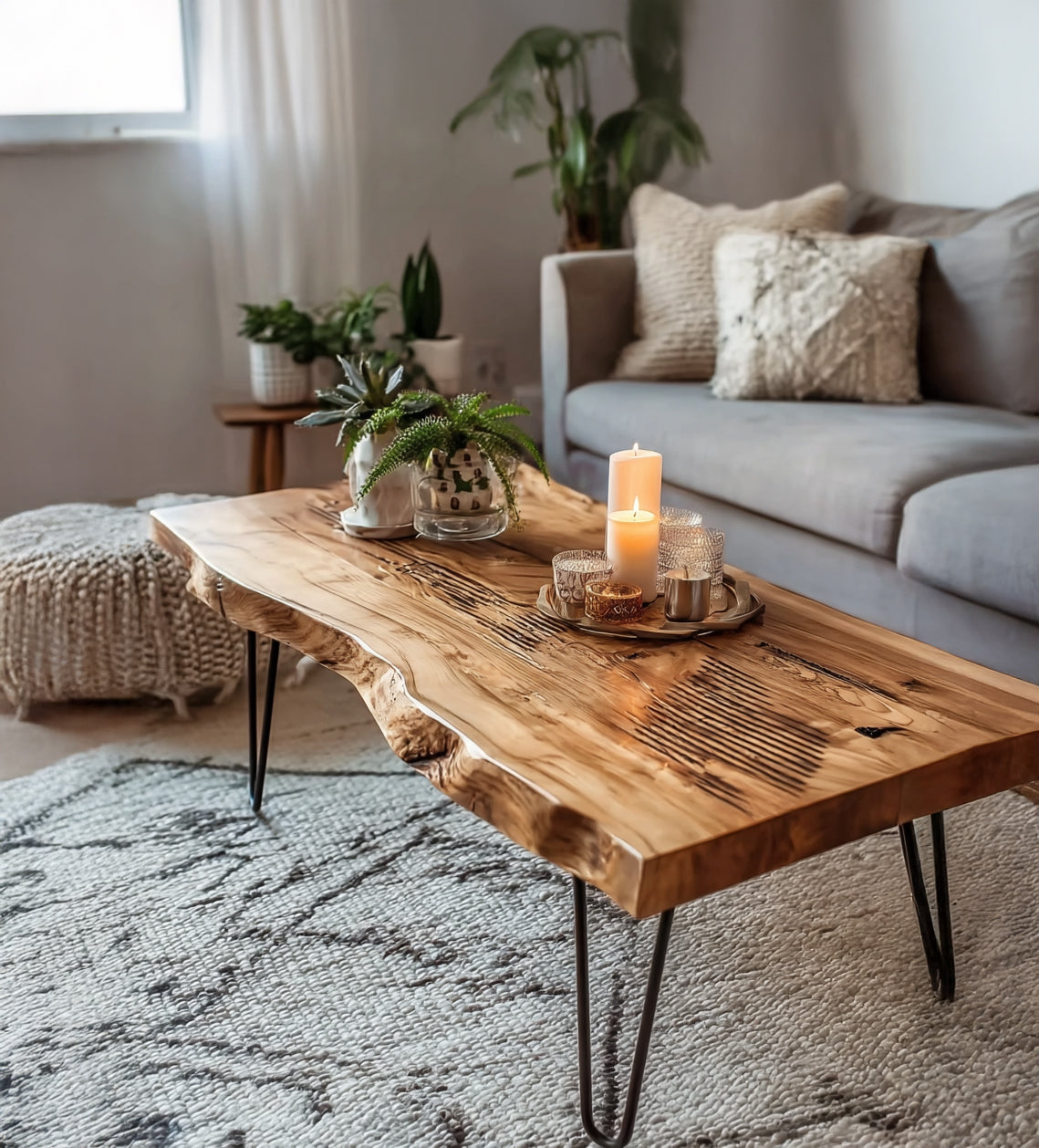 Live-Edge-Couchtisch aus Massivholz mit Hairpin-Beinen – rustikales modernes Design