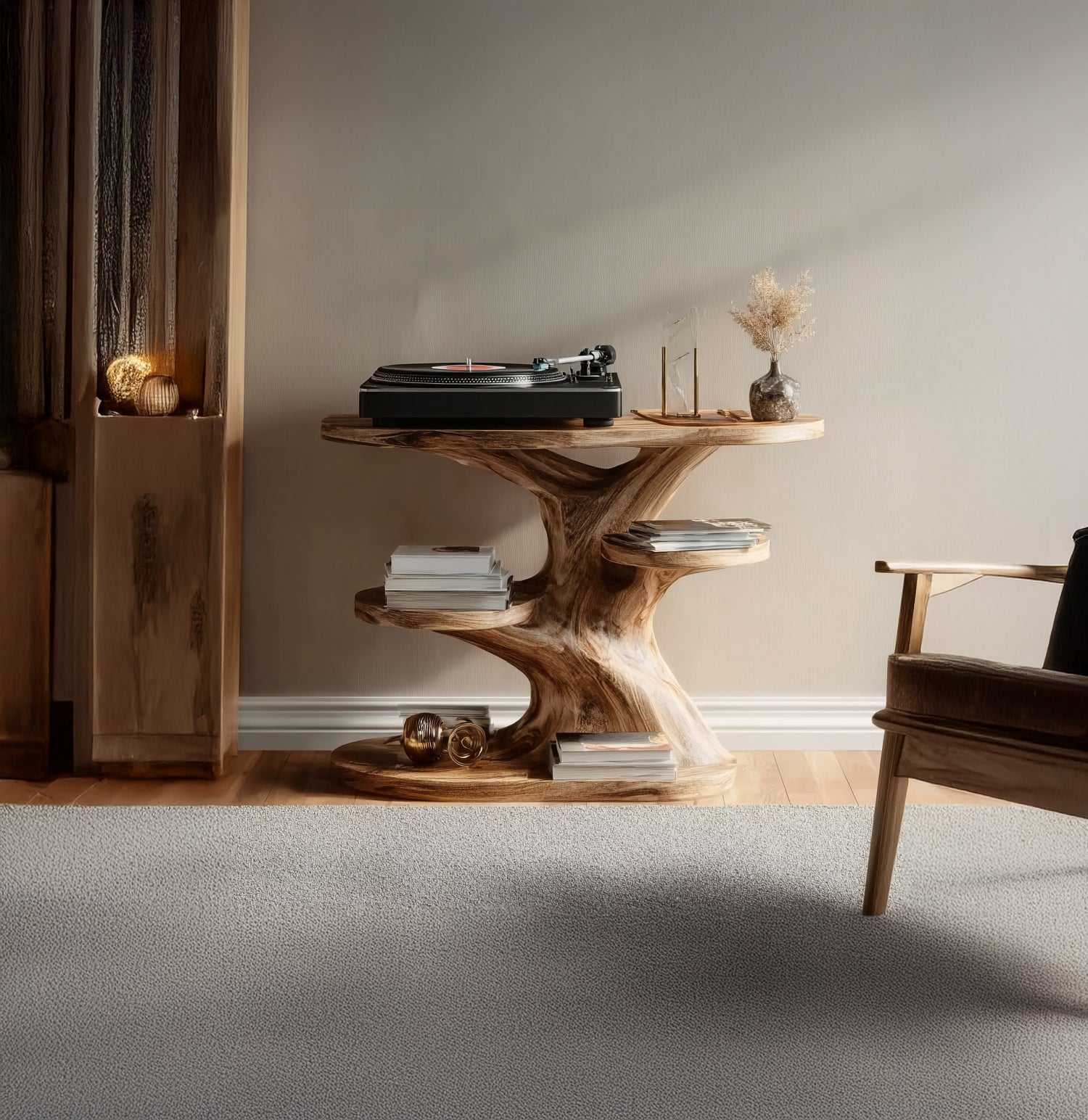 Plattenspielerständer aus Massivholz – Handgefertigte Bauernhaus-Station mit Stauraum