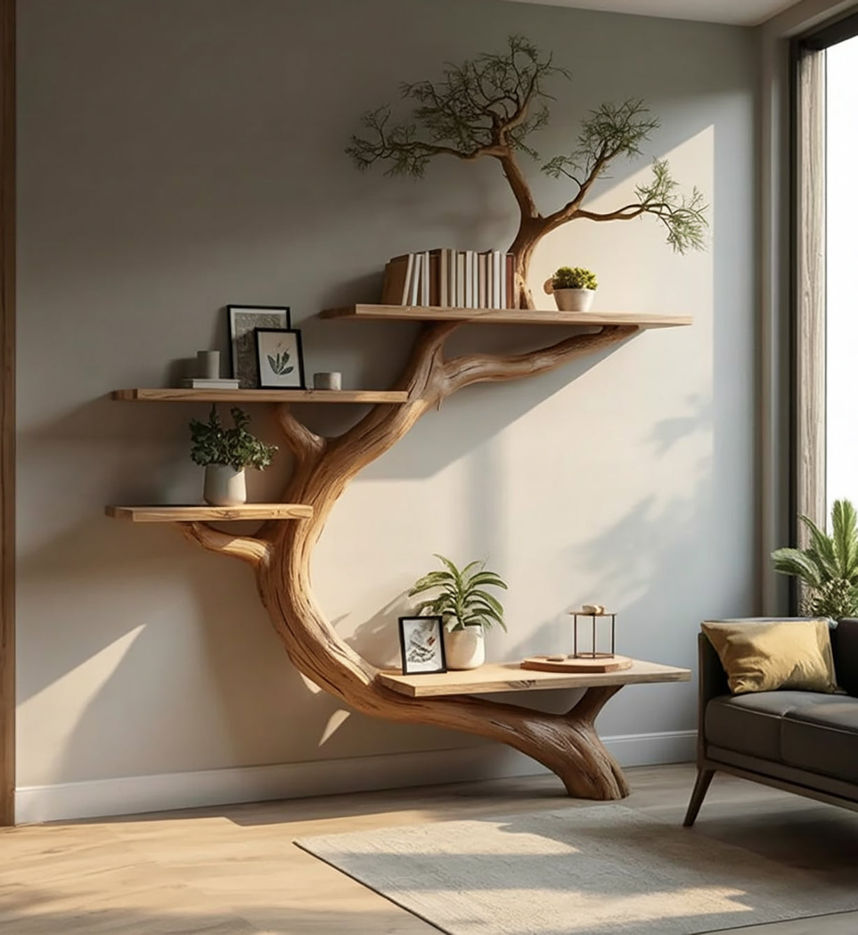 Rustikales Baum Bücherregal – Schwebendes Wandregal Wohnzimmer