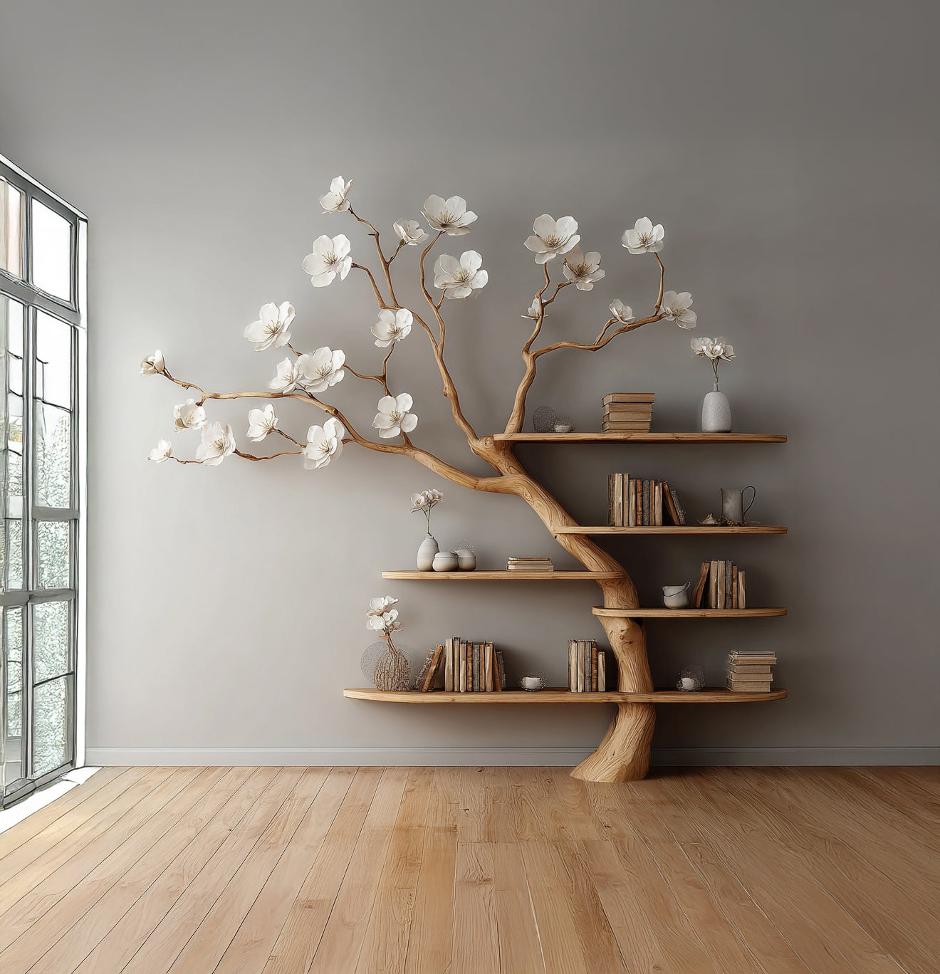 Blühendes Baum-Bücherregal – Handgefertigtes Holzregal für Zuhause