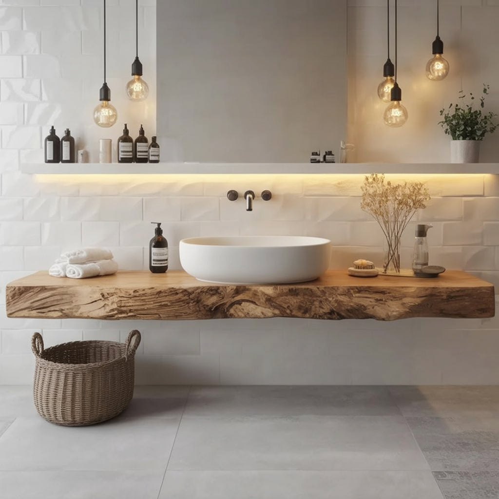 Organisches Massivholz-Wandregal fürs Badezimmer – Live-Edge & Handgefertigt