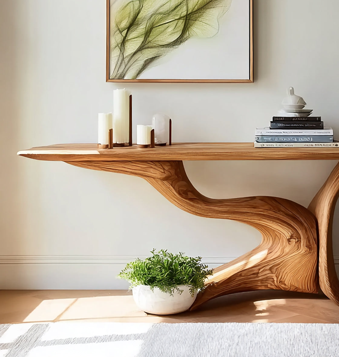 Live-Edge Konsolentisch aus Massivholz mit handgefertigtem Holzgestell