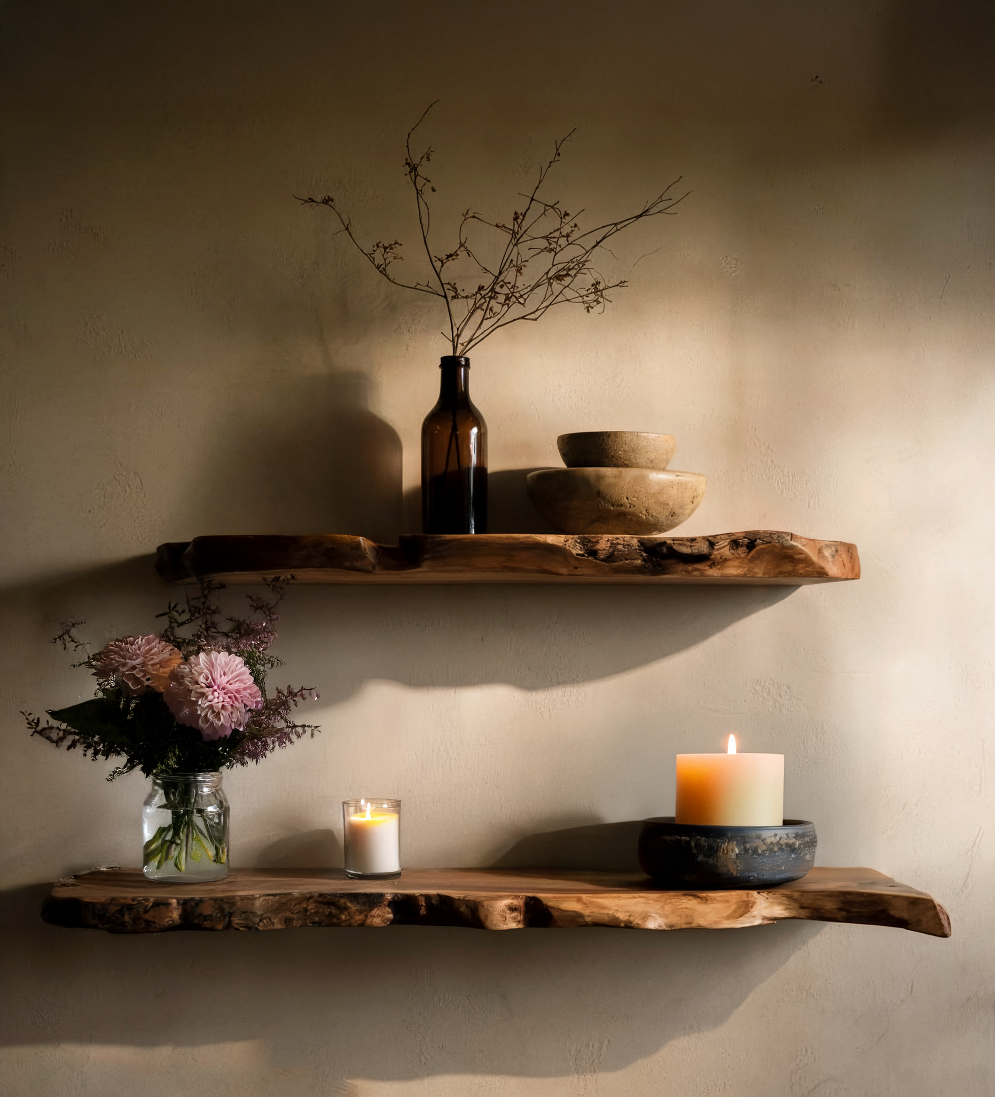 Handgefertigtes Schweberegal mit Baumkante – Rustikales Holzregal für Bücher & Weihnachtsdeko