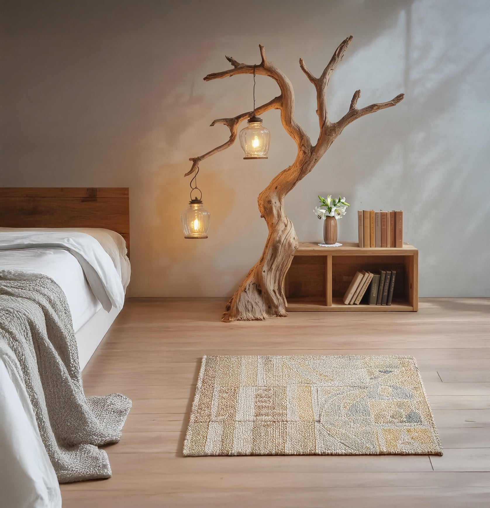 Stehende Holz-Stehlampe – Vintage-Beleuchtung, minimalistischer Wohnakzent