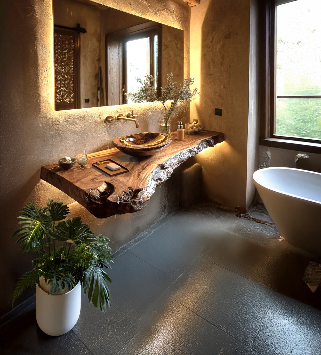 Rustikaler handgefertigter Waschtisch aus Massivholz mit Live-Edge-Design