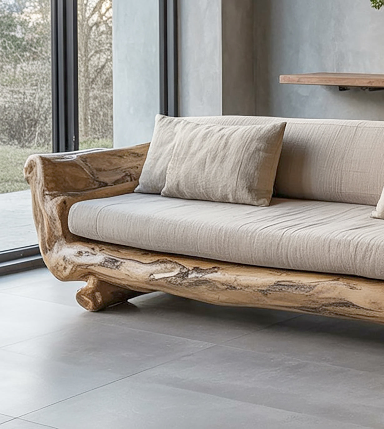 Handgefertigtes Massivholz-Sofa – Rustikale japanische Bodencouch fürs Wohnzimmer