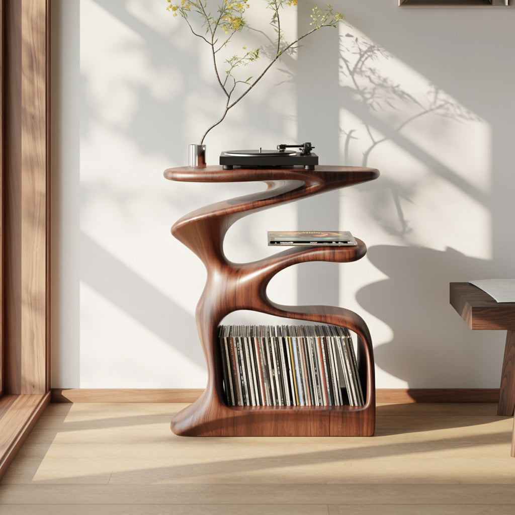 Handgefertigter Plattenspielerständer aus Holz – Skulpturales Vinyl-Regal