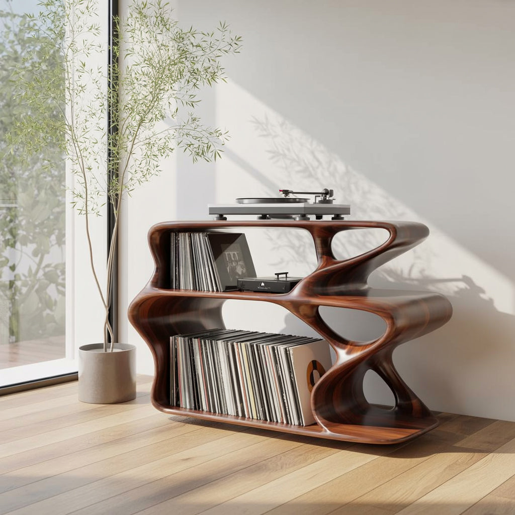 Holz-Plattenspielerständer mit Vinyl-Aufbewahrung im modernen Design