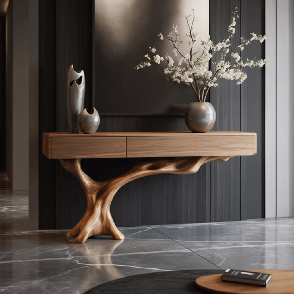 Live-Edge Konsolentisch aus Massivholz mit handgefertigtem Holzgestell