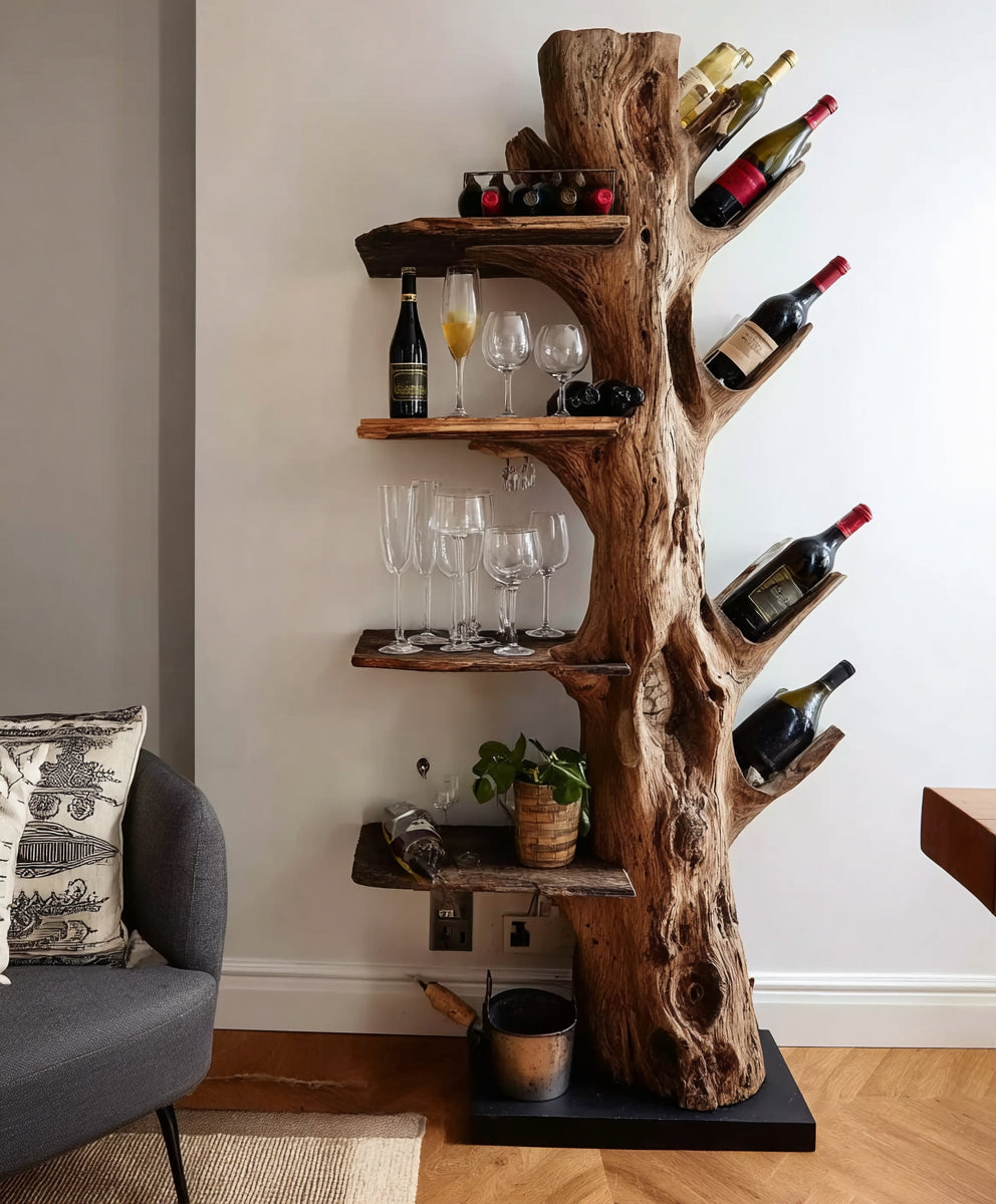 Baumstamm-Weinregal – handgefertigt aus Massivholz mit Glashalter
