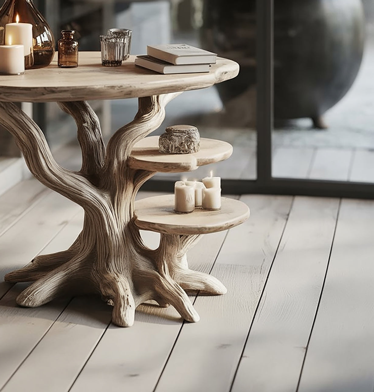 Handgefertigter Beistelltisch aus Massivholz mit Baumfuß, rustikal