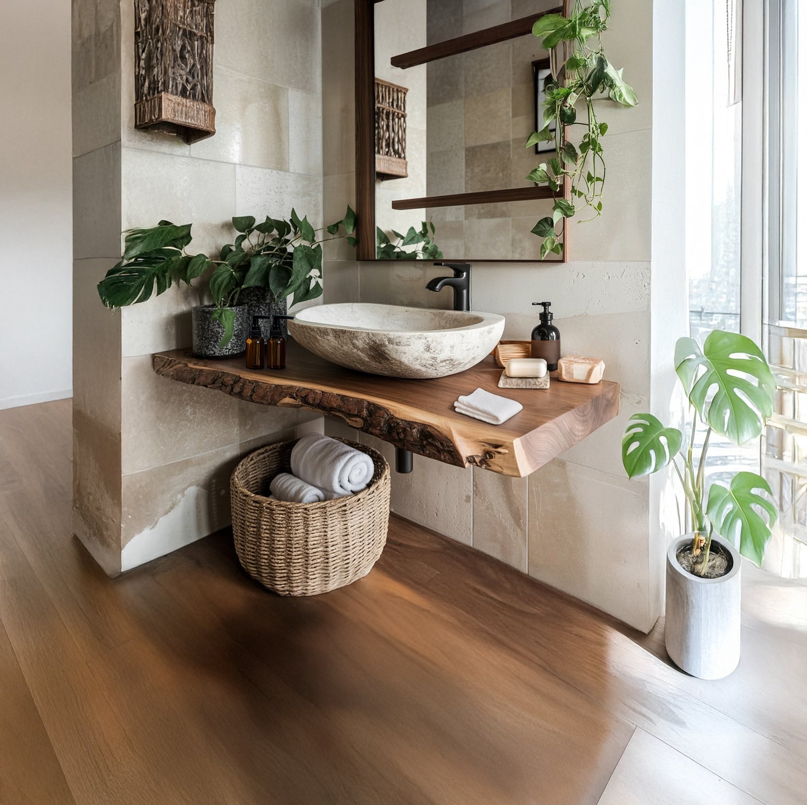 Handgefertigtes Eckregal aus recyceltem Holz mit Live-Edge-Design