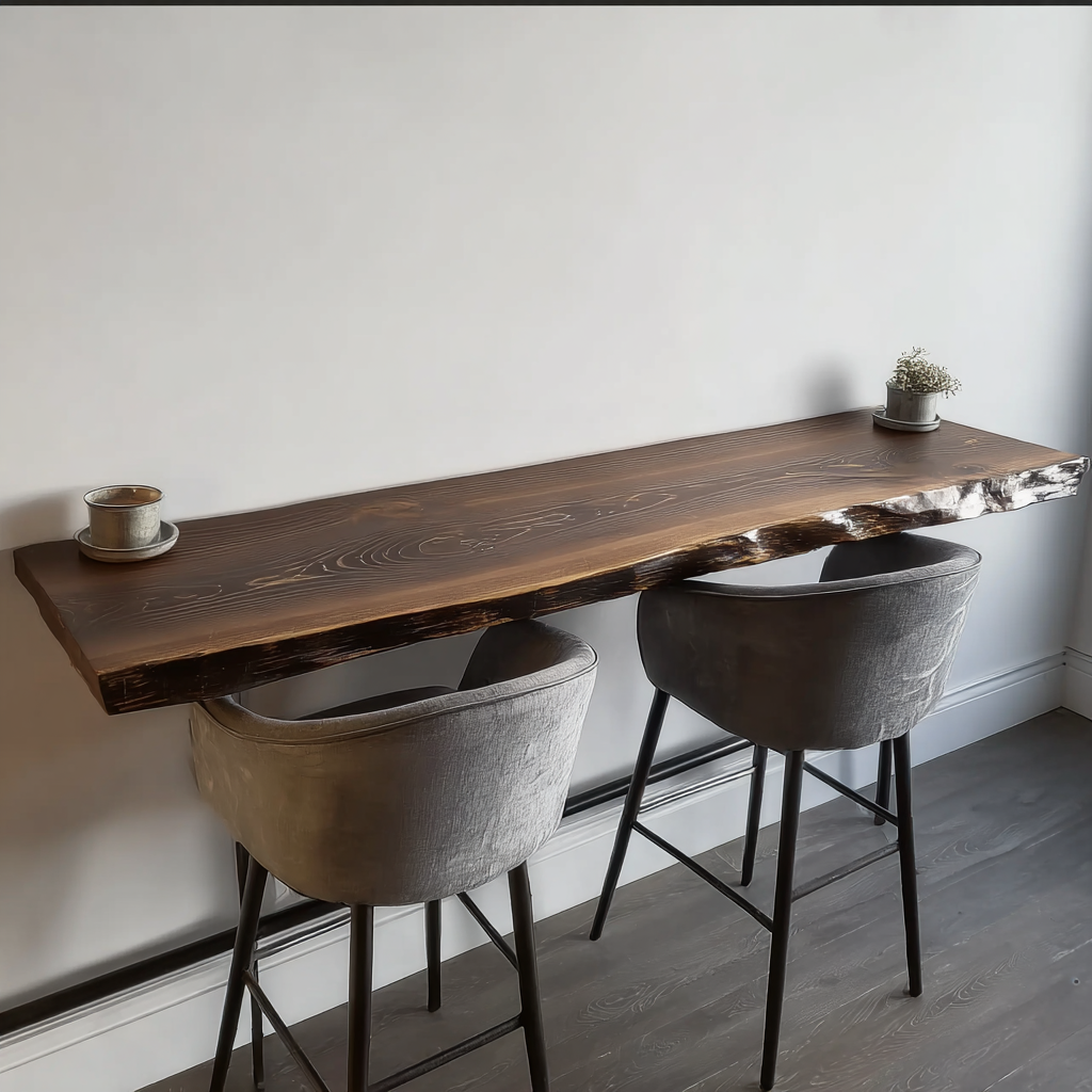 Live-Edge Wandbar-Tisch – Rustikaler schwebender Tresen für moderne Wohnräume