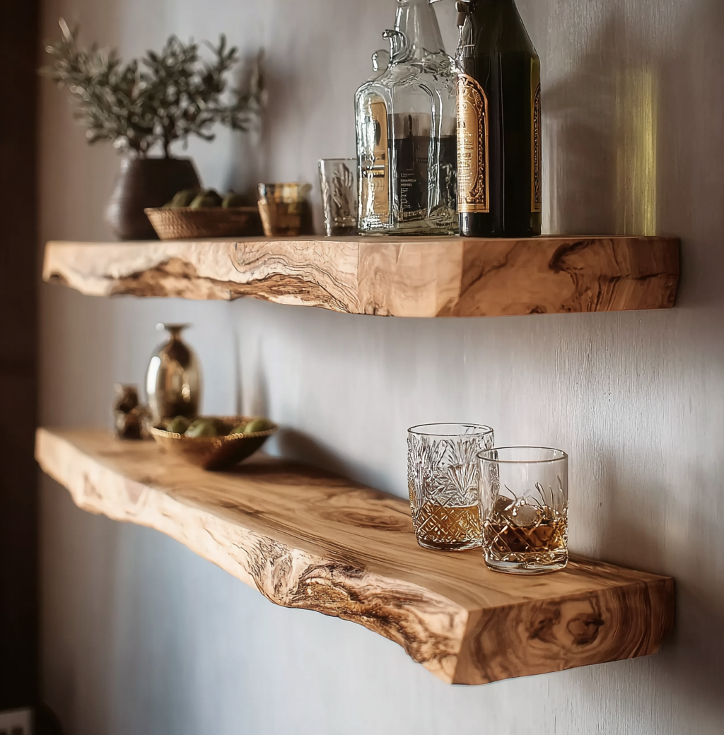 Handgefertigtes Live-Edge-Regal – Schwebendes Holzregal für Bar, Küche oder Flur