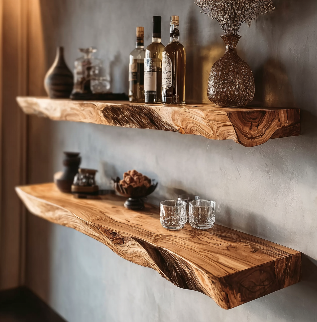 Handgefertigtes Live-Edge-Regal – Schwebendes Holzregal für Bar, Küche oder Flur