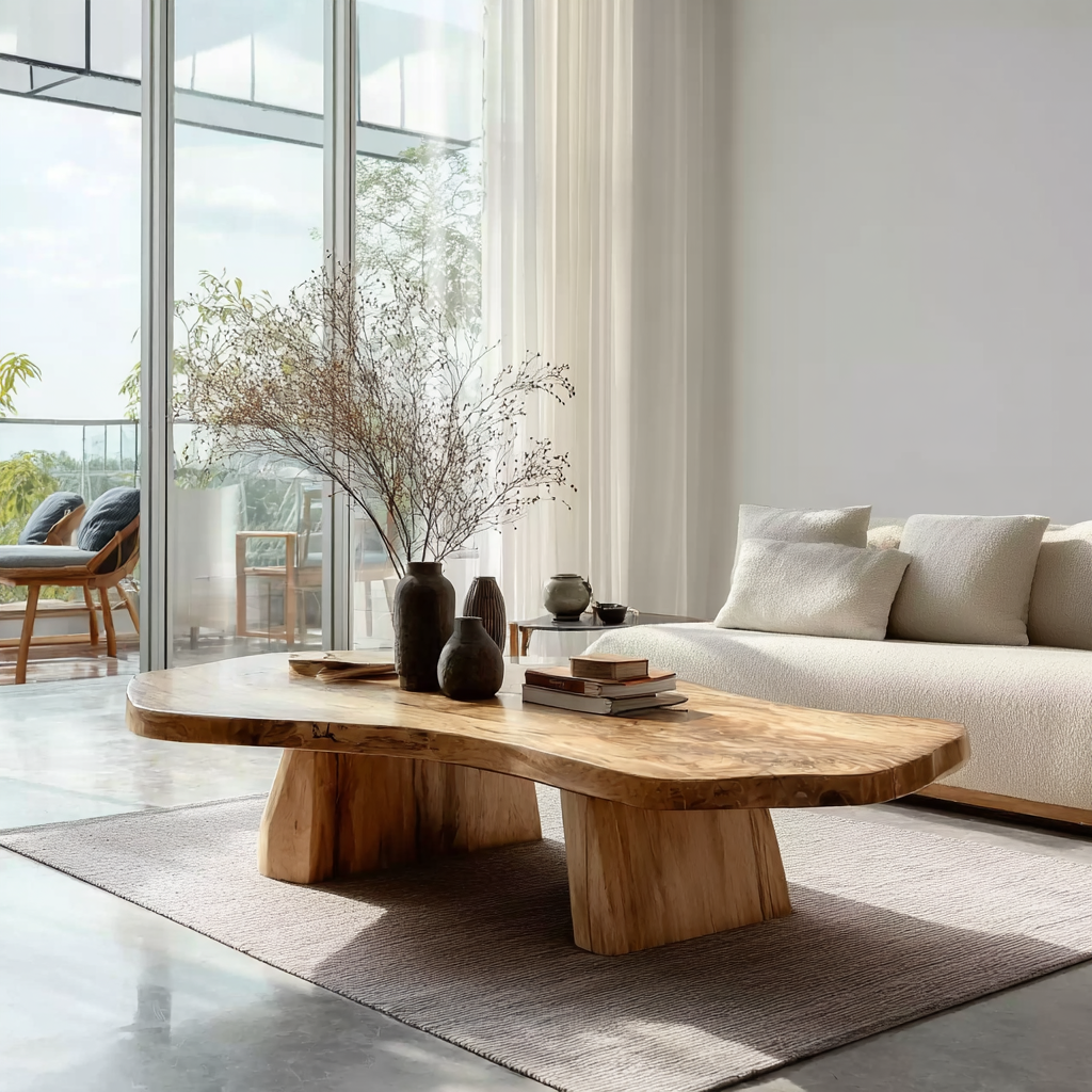 Rustikaler Couchtisch mit Baumkante – Handgefertigter Massivholz-Ausziehtisch