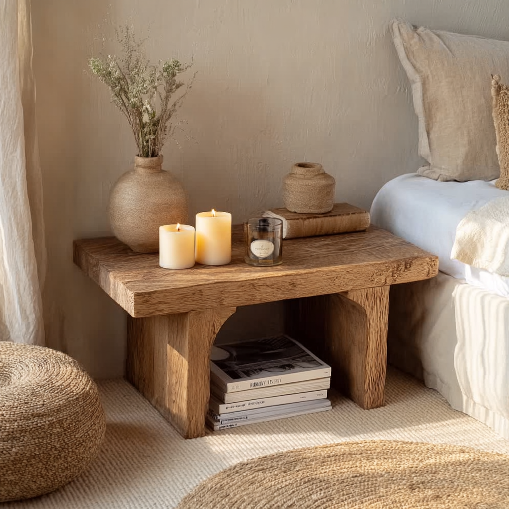 Moderner Rattan-Nachttisch – Beistelltisch mit Stauraum und Massivholzbeinen