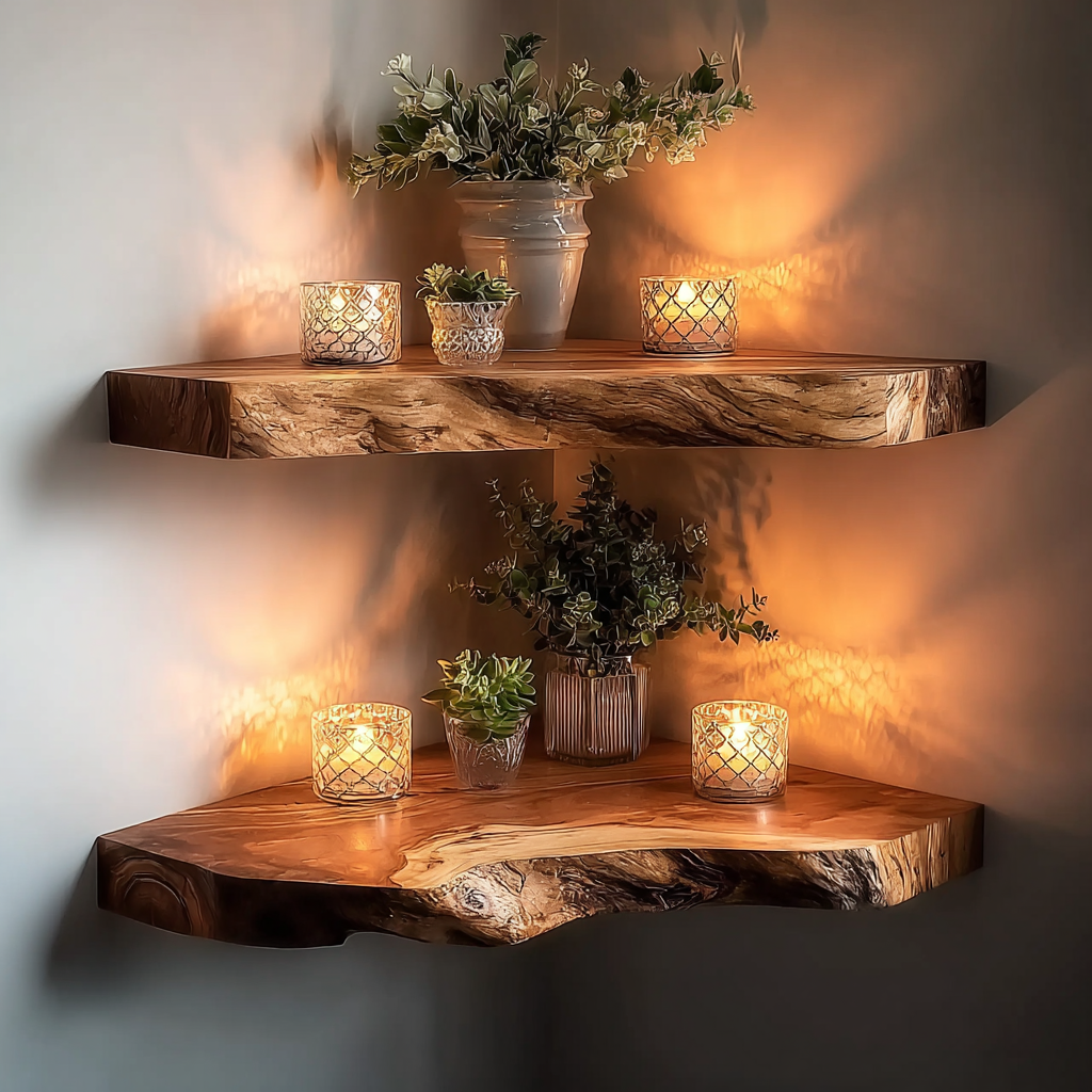 Rustikales Eckregal – Schwebendes Live-Edge-Holz für Kerzen & Pflanzen