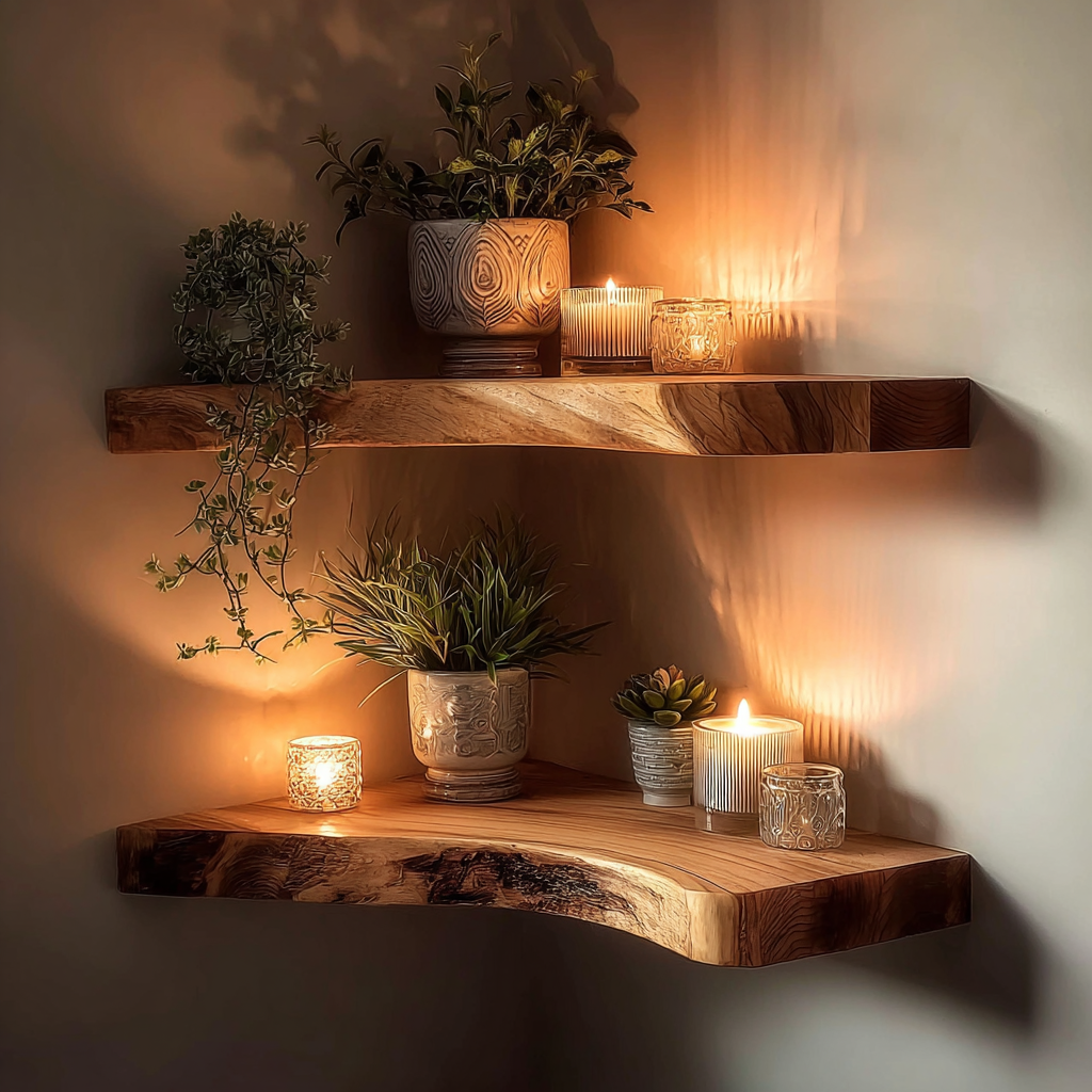 Rustikales Eckregal – Schwebendes Live-Edge-Holz für Kerzen & Pflanzen