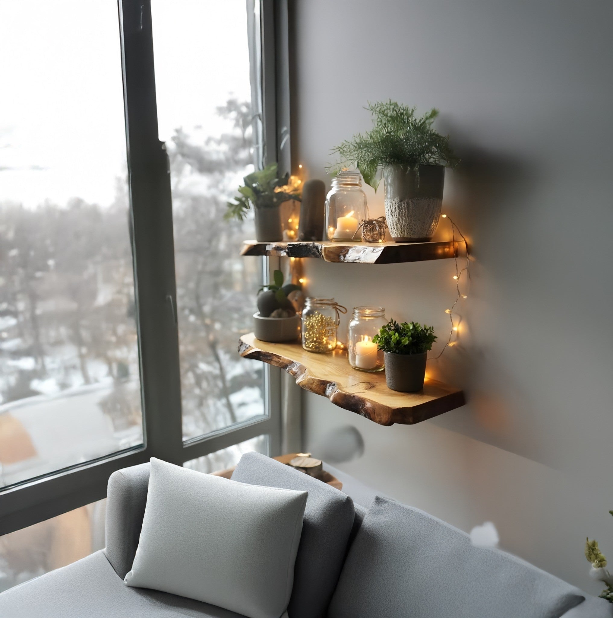 Baumkanten-Regale aus Massivholz – Weihnachtsdeko im Farmhouse-Stil