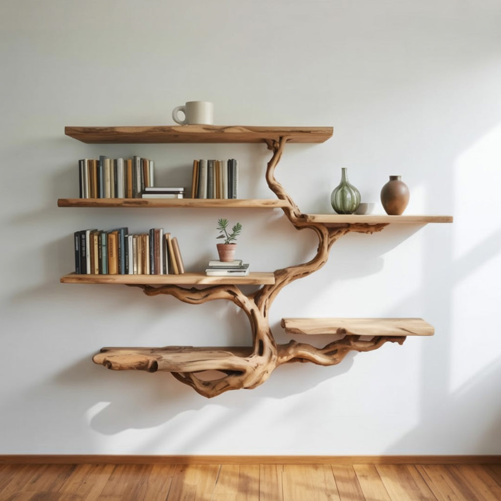 Schwebendes Bücherregal aus Baumästen – Wandregal aus Massivholz für den Flur