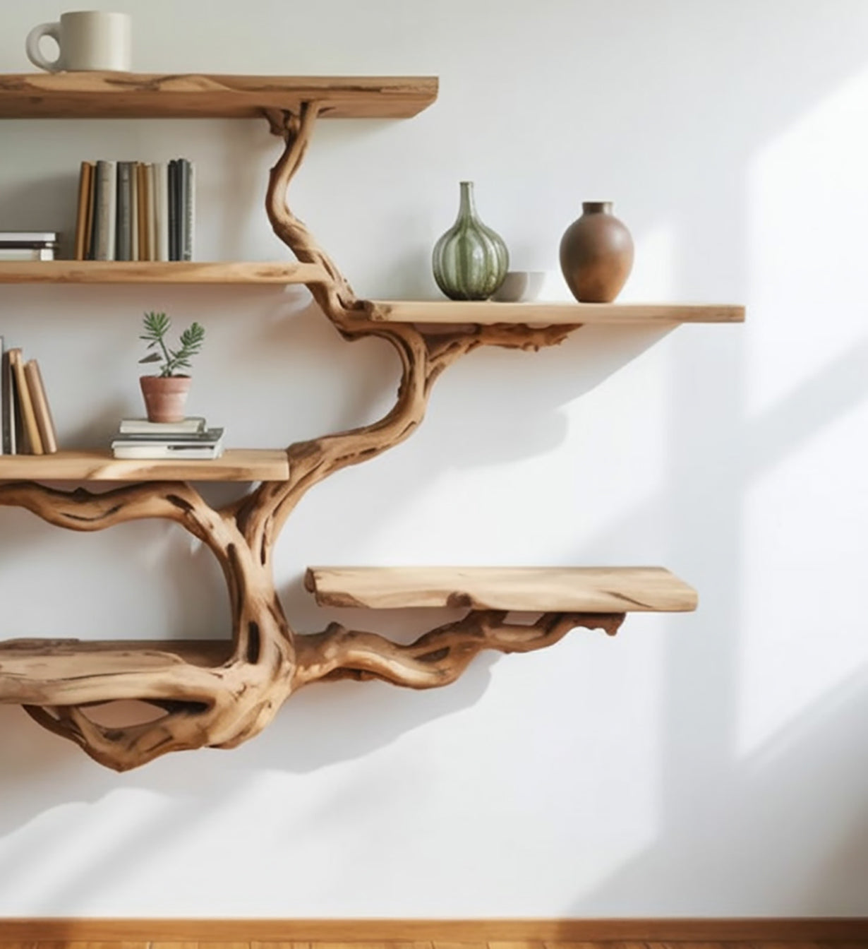 Schwebendes Bücherregal aus Baumästen – Wandregal aus Massivholz für den Flur