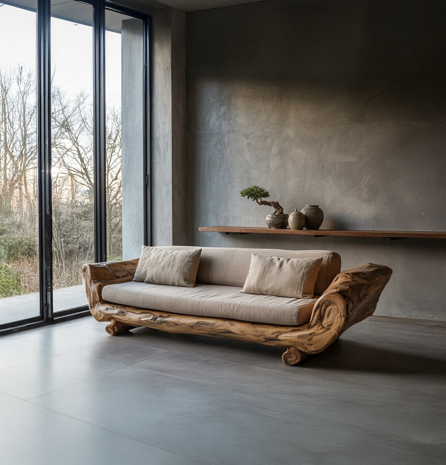 Handgefertigtes Massivholz-Sofa – Rustikale japanische Bodencouch fürs Wohnzimmer