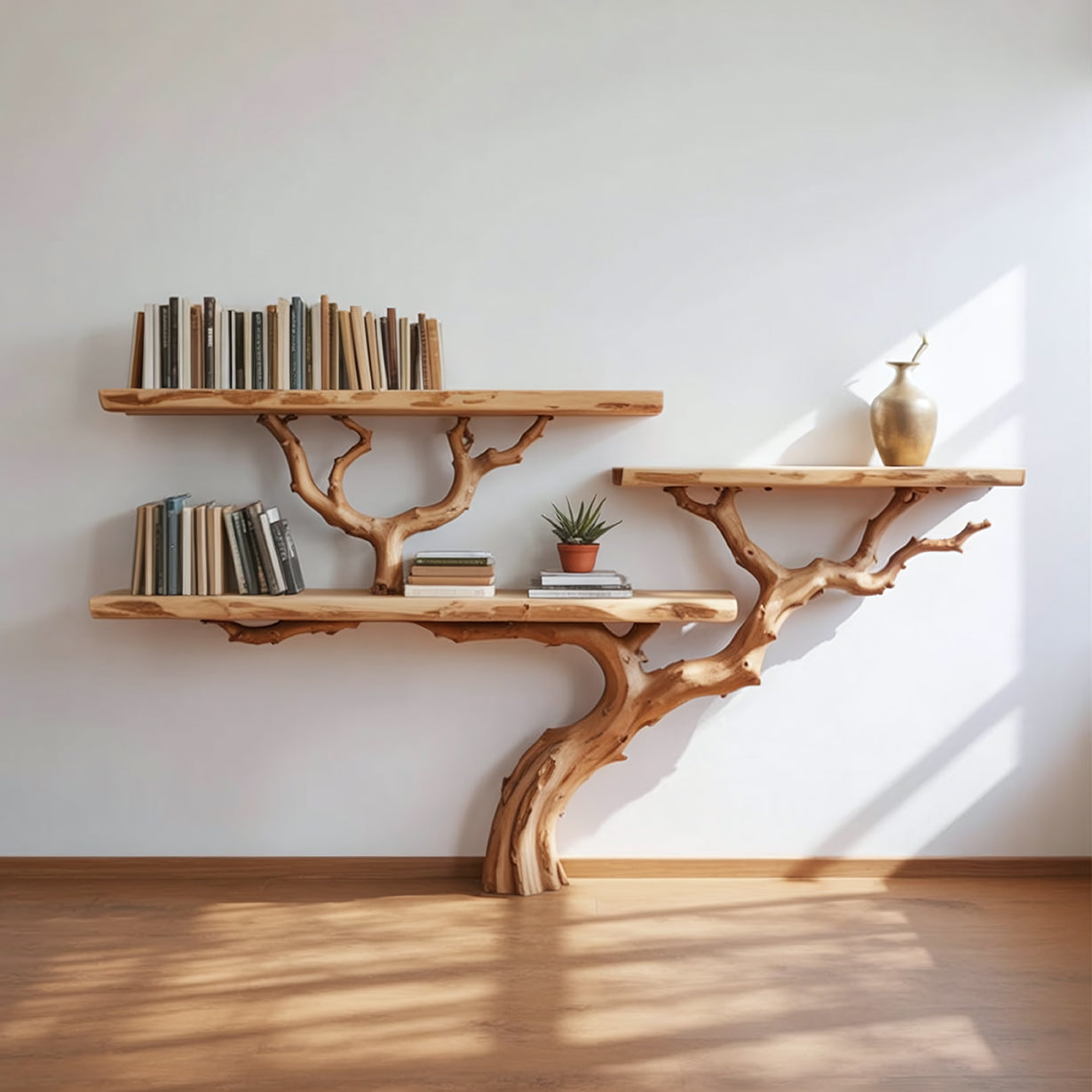 Baumast-Bücherregal für den Boden aus Massivholz mit natürlicher Baumkante