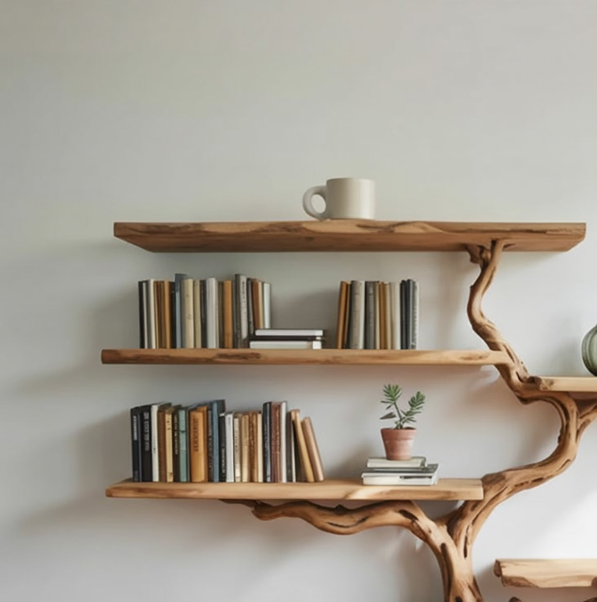 Schwebendes Bücherregal aus Baumästen – Wandregal aus Massivholz für den Flur