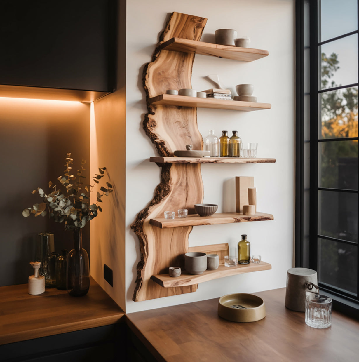 Live Edge Küchenregal schwebend – Modernes Massivholz Wandregal