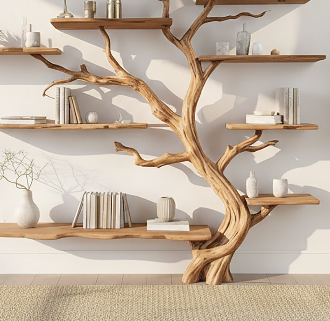 Organic wooden tree bookshelf with books and decorative white ceramic vases in cozy living room