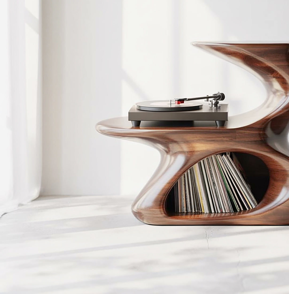 Skulpturaler Holz-Plattenspielerständer – Organischer moderner Vinyl-Tisch