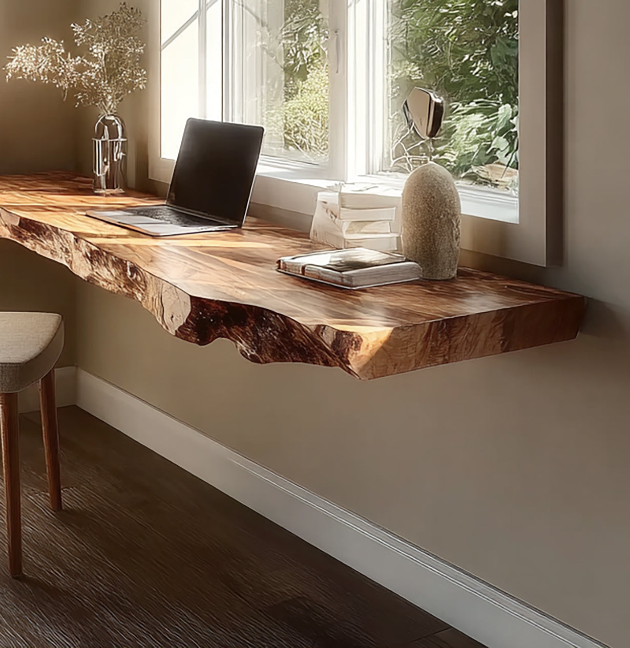 Schwebender Massivholz-Schreibtisch mit Naturkante für Homeoffice