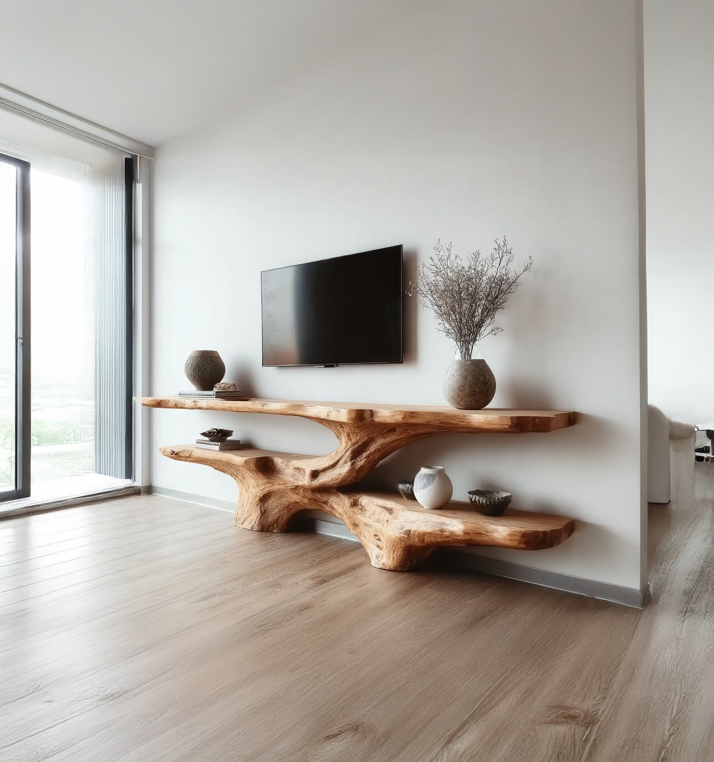 Handgefertigter Massivholz-TV-Konsolentisch mit Naturkante – Modern & Stilvoll