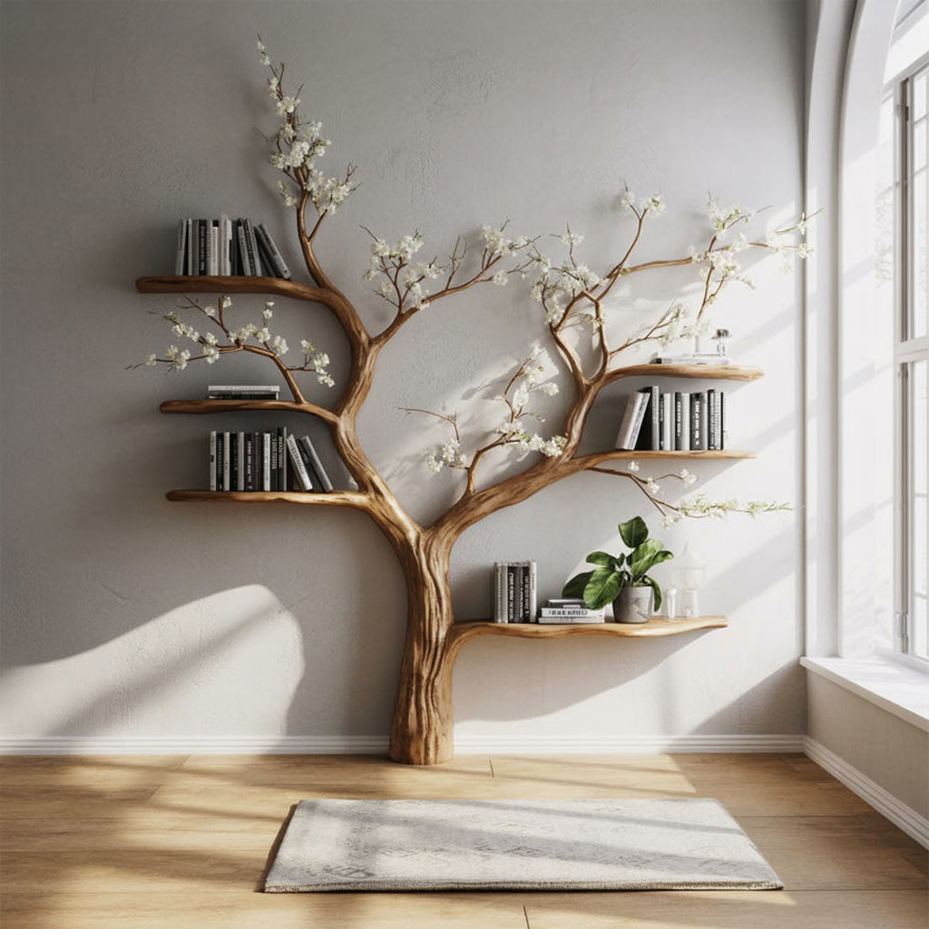 Live-Edge Baum-Bücherregal – Elegantes Regal mit floralen Ästen