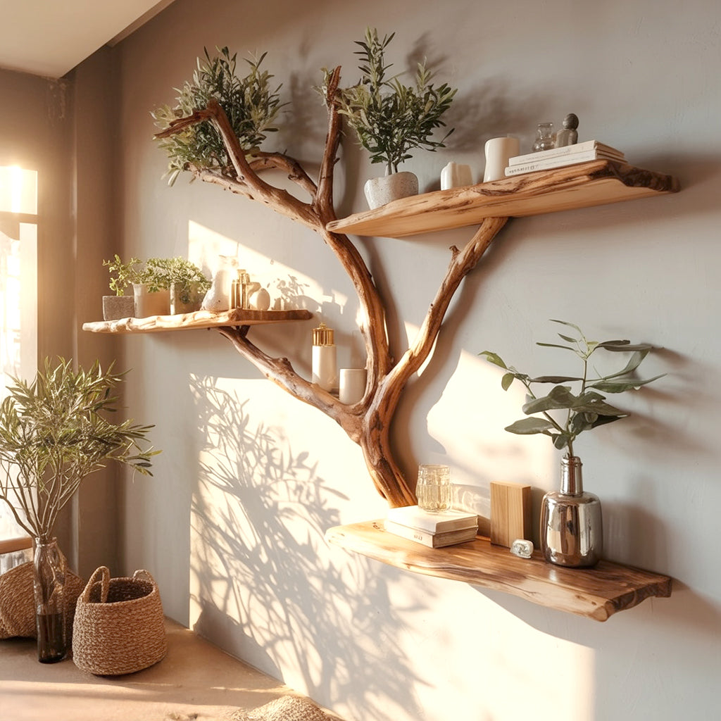 Baumast-Wandregal – handgefertigtes Holzregal mit Baumkante, rustikal