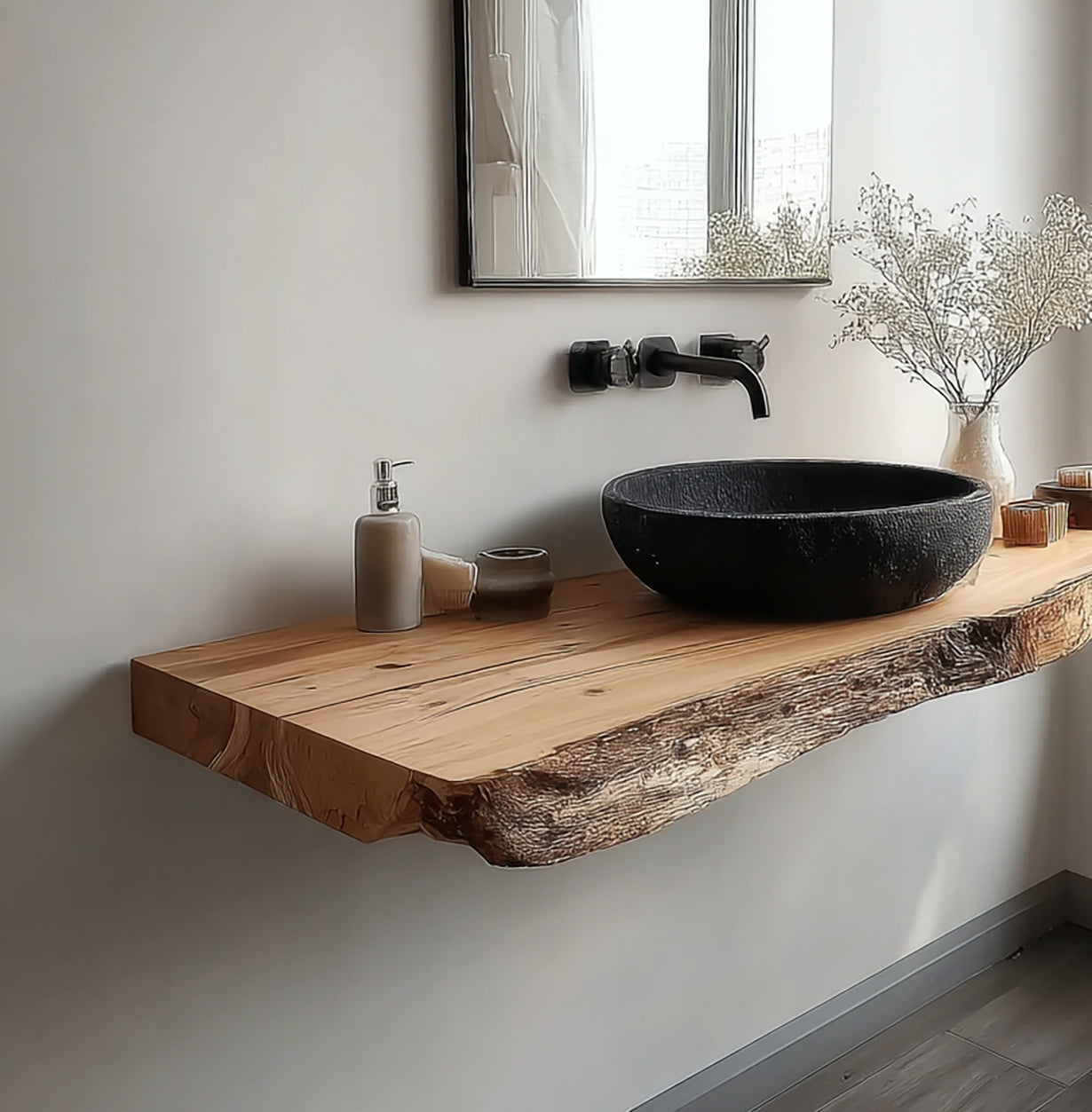 Live Edge Massivholz-Badmöbel – Handgefertigte Rustikale Konsole