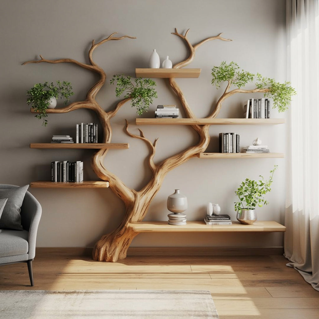 Live-Edge Baumast-Bücherregal – Handgefertigtes Holzregal für Zuhause