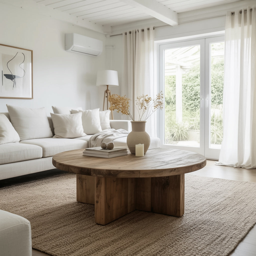 Runder Couchtisch aus recyceltem Holz – Wabi-Sabi-Designmöbel