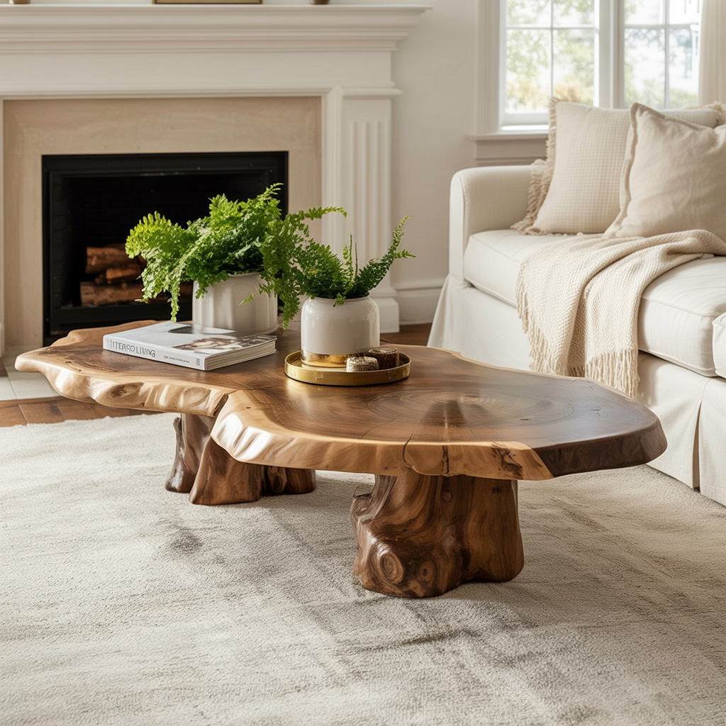 Handgefertigter Couchtisch mit Baumkante – Rustikales Massivholz, Landhausstil