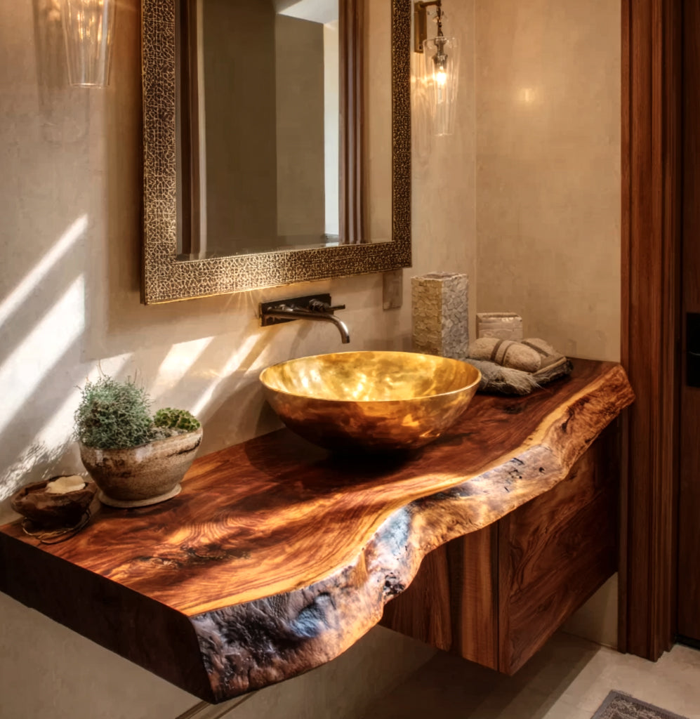 Handgefertigtes schwebendes Badezimmerregal aus Live-Edge-Holz