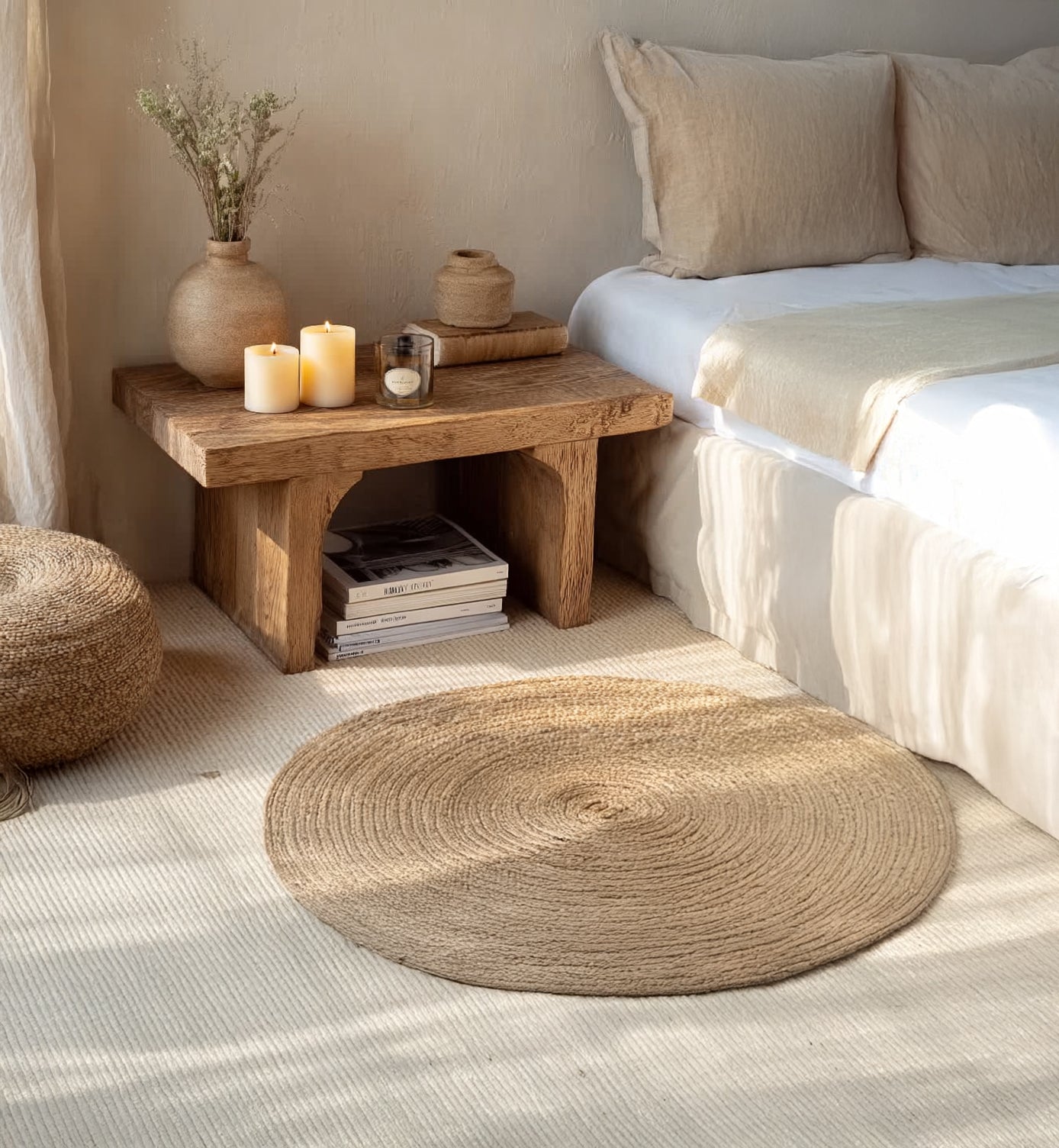 Moderner Rattan-Nachttisch – Beistelltisch mit Stauraum und Massivholzbeinen