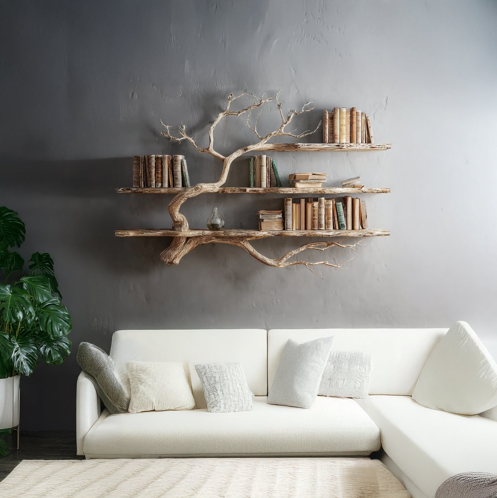 Eck-Bücherregal aus Treibholz – Künstlerische Wanddeko in Baumform