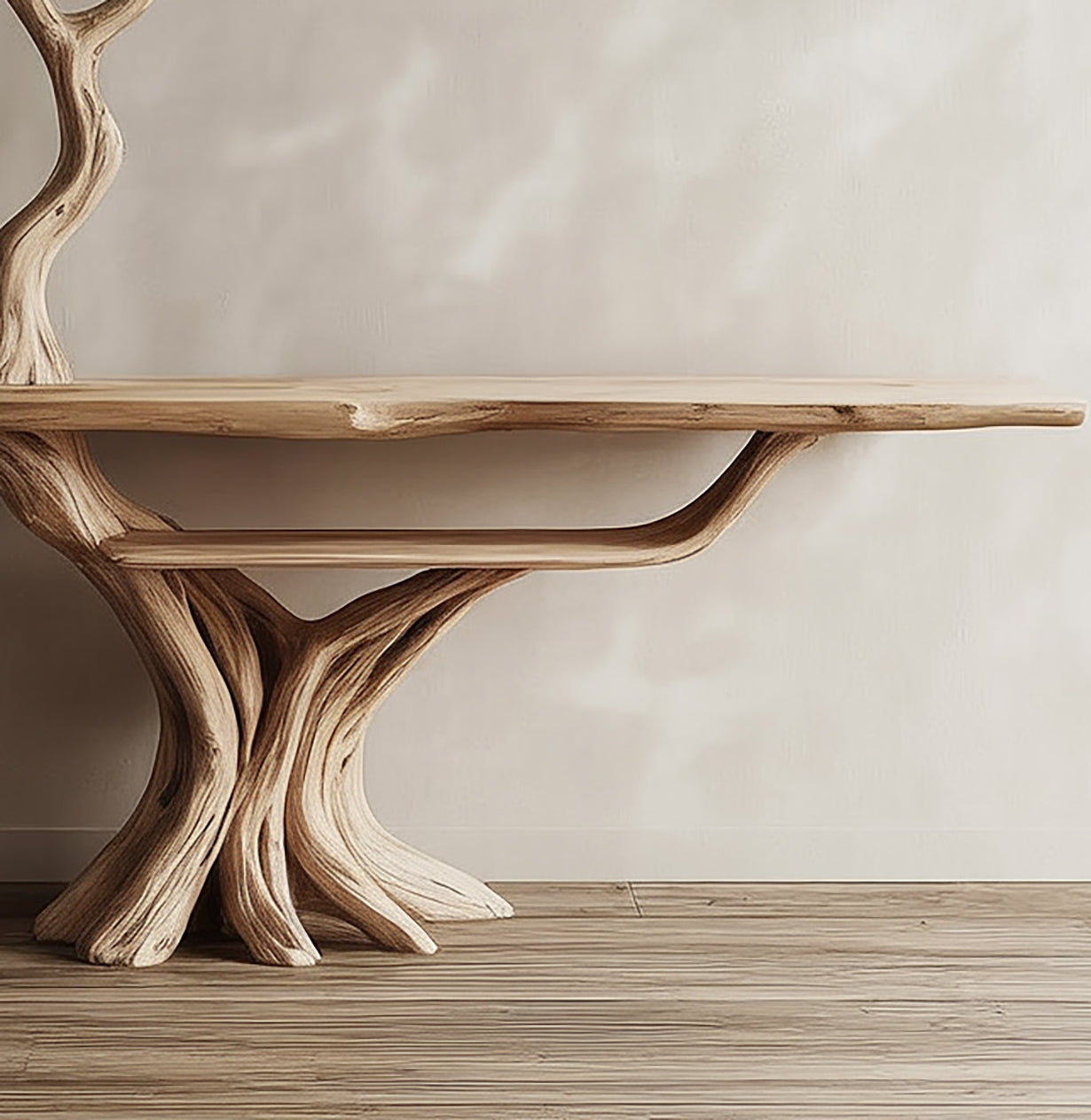Handgefertigter Konsolentisch aus Massivholz – Skulpturales Baumdesign