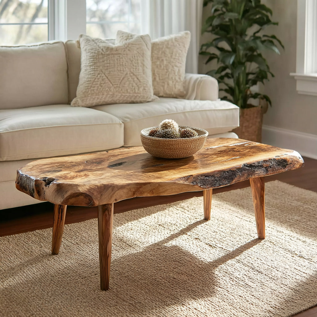 Handgefertigter Live-Edge Couchtisch aus Massivholz im rustikalen Stil